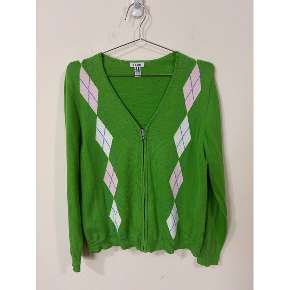 VTG IZOD Womens XL Preppy Argyle Zip Cardigan Bright Green Cotton Sweater - Picture 1 of 14